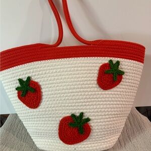 Strawberry Embellished Red and White Rope Woven Tote Beach Bag New With Tags